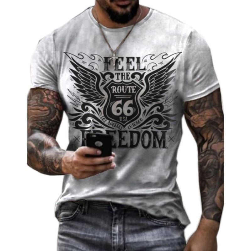 Jinquedai  Route 66 Letter Print T-Shirt Men Summer Short Sleeve Casual Sportwear Tees Highway Style Loose Male Clothes Breathable Tops