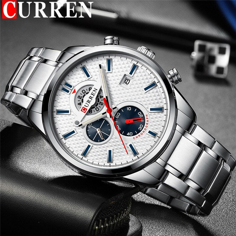 CURREN homme montre-bracelet étanche chronographe  marque de luxe argent acier inoxydable Sport