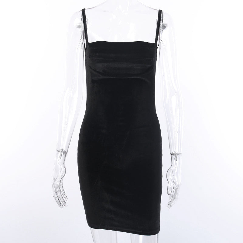 Solid Black Velvet Ruched Mini Dress